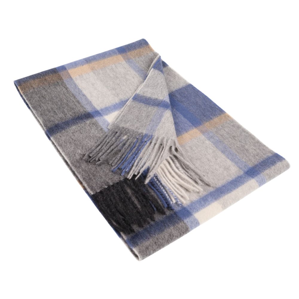 Blue and grey large check scarf in 100% wool – York (1)